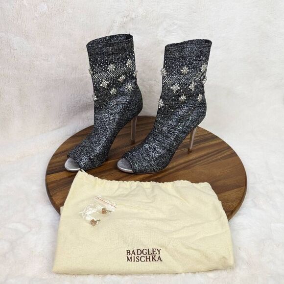 Badgley Mischka Viva Peep Toe Sock Bootie Heels Women’s Size 6.5 Black Silver - Picture 1 of 15